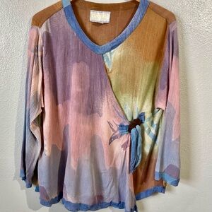 Kusnadi New York Abstract Rayon Blouse Multicolor Wood Accent Tie Front Sz M